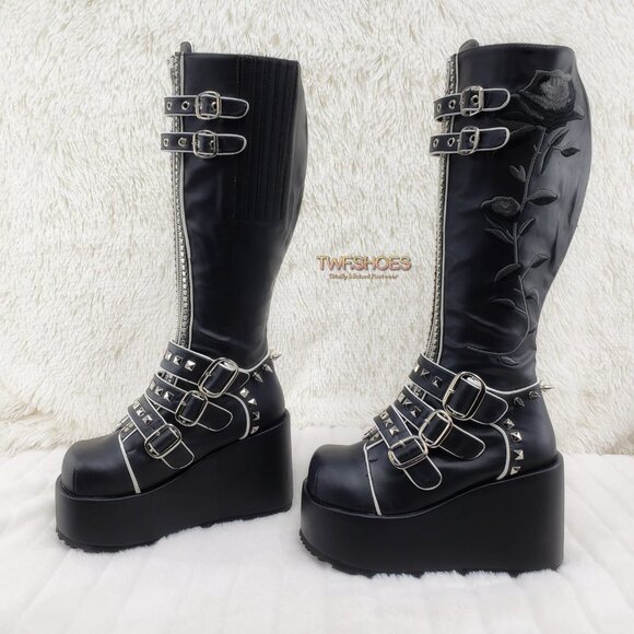 Demonia Concord RAre Platform Studded Black Rose Shaft Knee Boots Goth Punk - Picture 3 of 16
